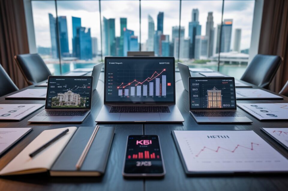 Executive boardroom with laptops showing analytics, Marina Bay skyline view.