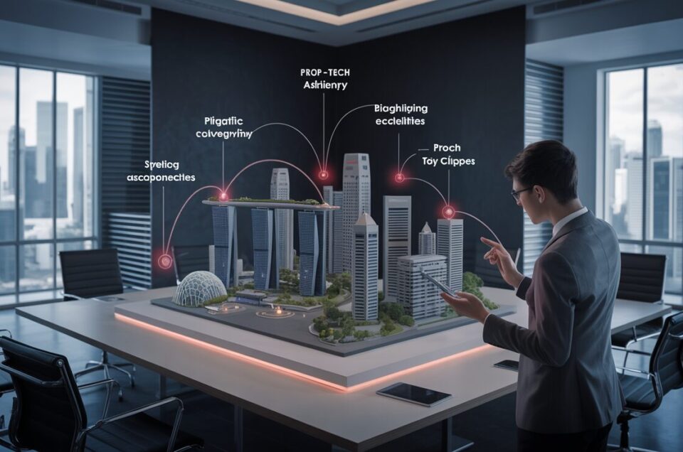 Executive examines 3D hologram of PropTech M&A strategy in sleek boardroom with Singapore skyline.