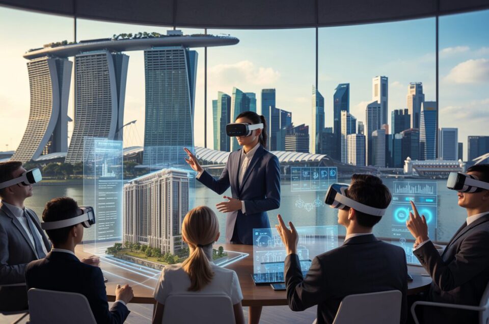 Futuristic Singapore skyline with XR property tour in high-tech conference room.