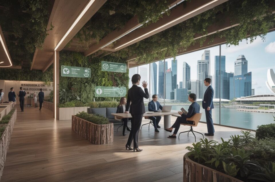 Luxurious Singapore office with reclaimed wood, plant walls, city view, and smart tech.