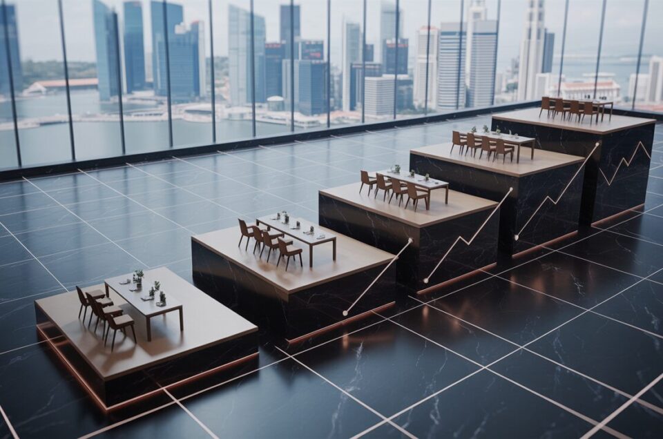 Modern conference with tiered workshop levels, sleek furniture, Marina Bay skyline view.