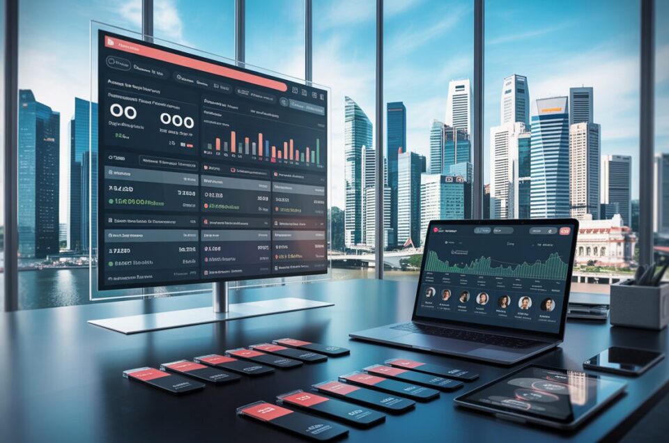 Modern CRM dashboard on glass screen in office with Singapore skyline, real estate data.