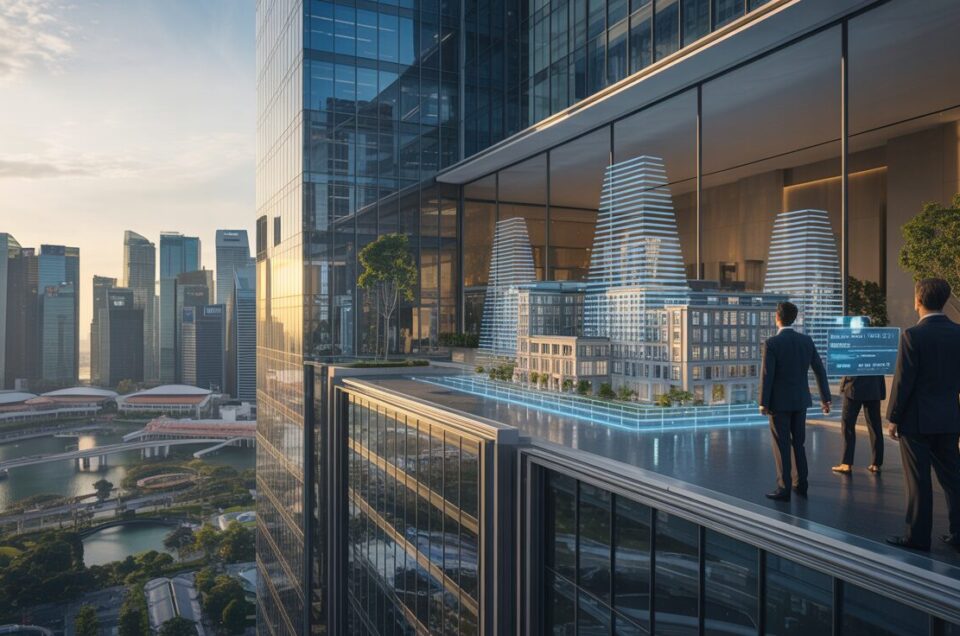 Modern Singapore office tower with 5G tech, executives viewing holographic property model.