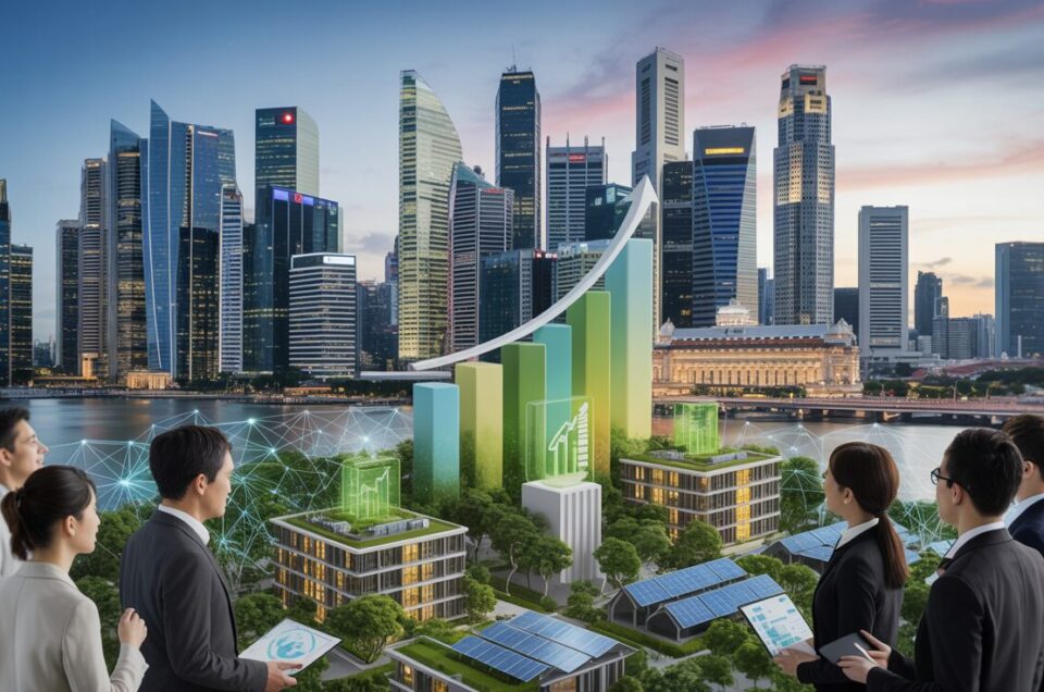 Singapore skyline at dusk with green buildings, holographic metrics, diverse executives analyzing data.