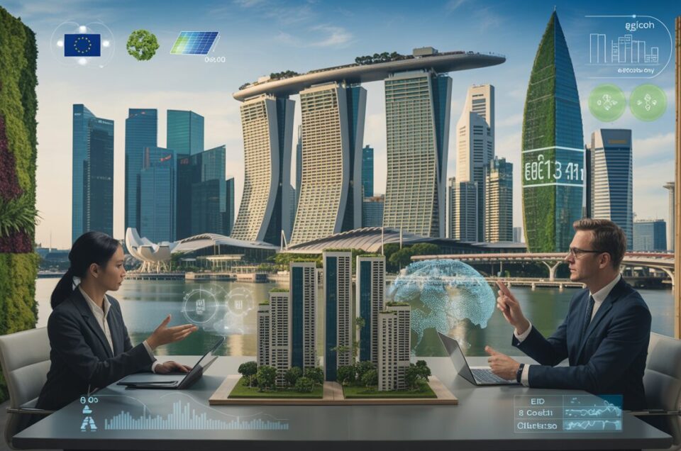 Singapore skyline at golden hour with eco skyscrapers, diverse professionals discuss sustainability.