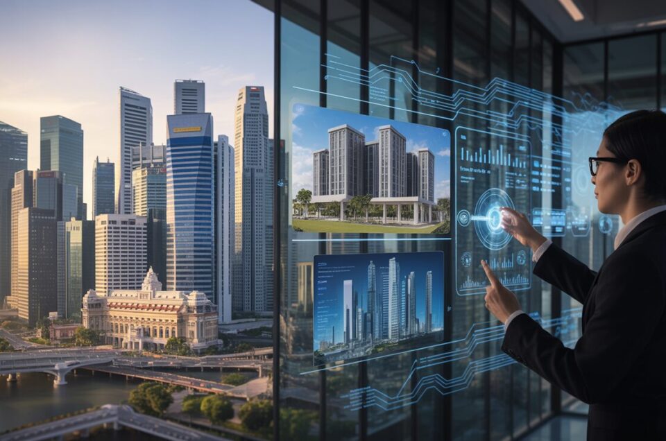 Singapore skyline at sunrise with a glass office interior featuring holographic finance displays.