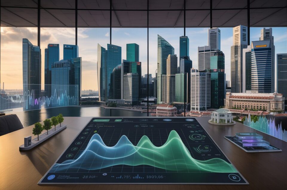 Singapore skyline with data visualization in a luxurious high-rise office.