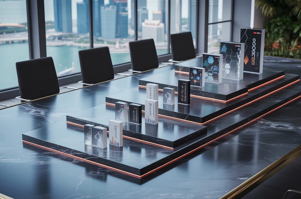 Sleek boardroom with tiered marble platforms, Singapore skyline view, red LED accents.
