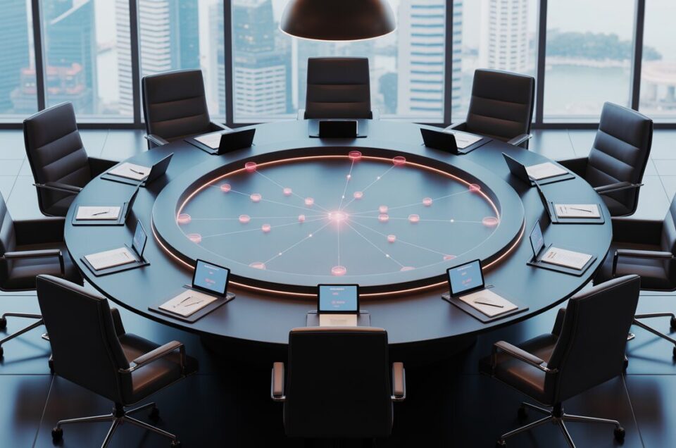 Sophisticated investor roundtable with navy table, leather chairs, digital overlays, and Singapore skyline.