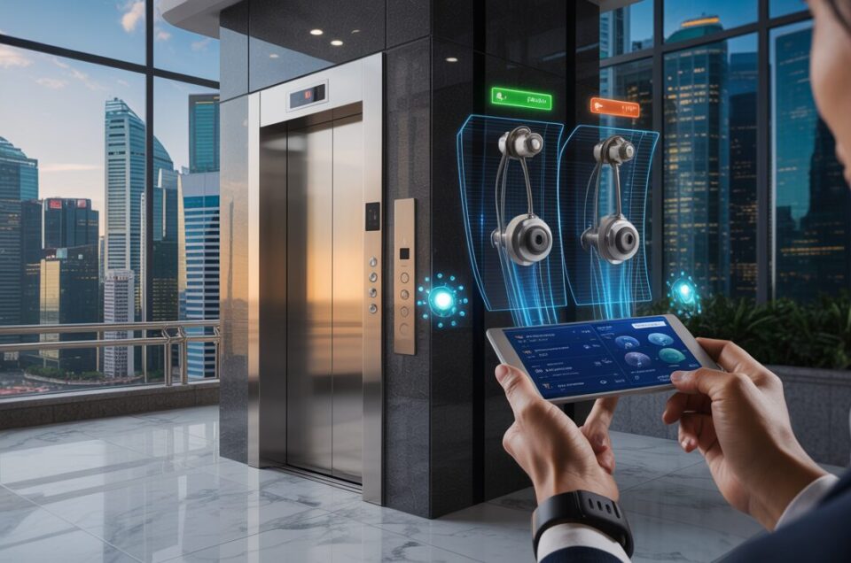 Split-screen of modern elevator and digital twin interface in a Singapore skyscraper.