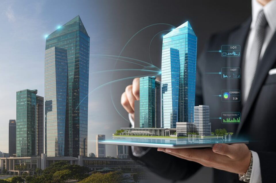 Split-screen of Singapore skyscraper and digital twin, highlighting tech transformation.