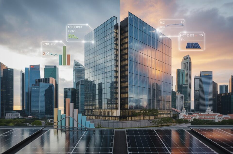 Split view of Singapore office tower: LED-lit efficiency vs solar PV panels at sunset.